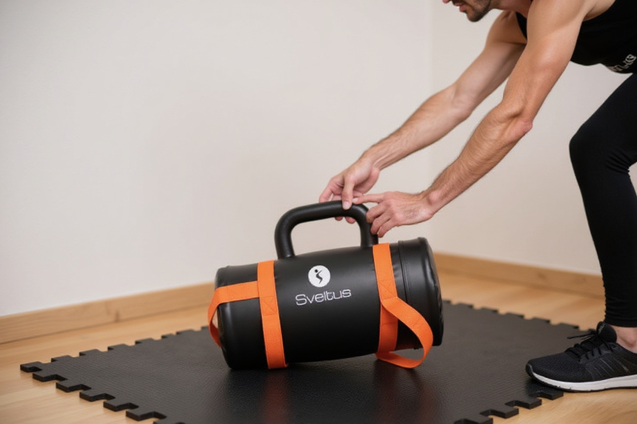 Een zwarte fitness zandzak met oranje handgrepen ligt centraal op een sportmat klaar voor kettlebell-achtige swings.