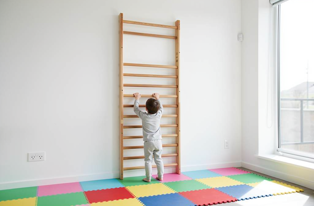 Houten klimrek voor kinderen tegen muur in speelkamer