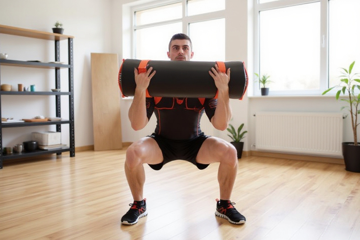Atleet doet een diepe goblet-squat met een zachte zandgevulde trainingsbag op borsthoogte als alternatief voor een kettlebell.