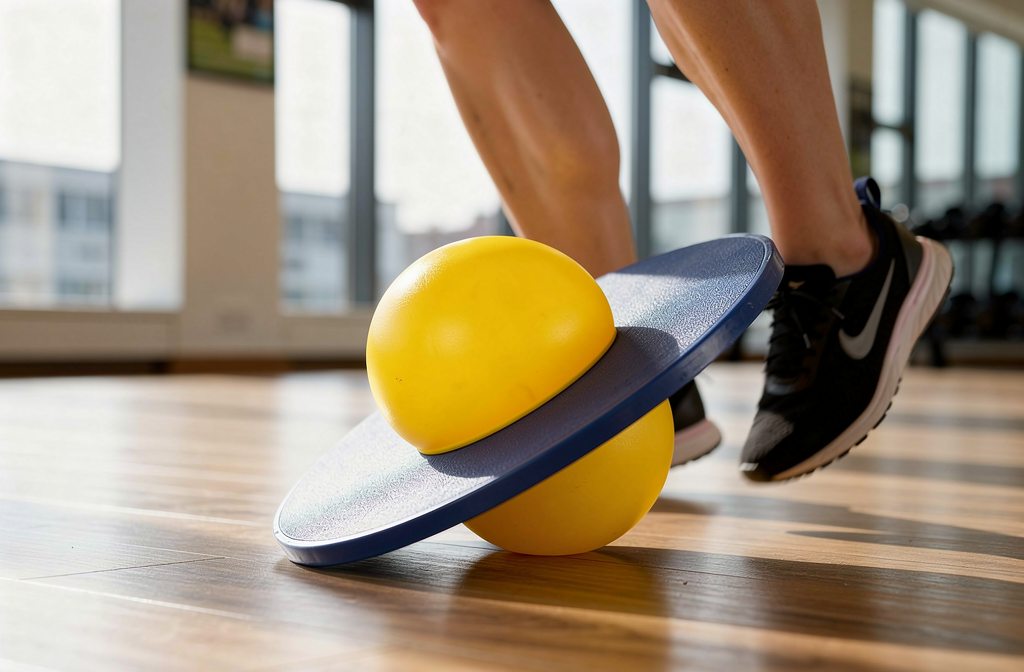 Balanstrainer in gebruik op sportschoolvloer tijdens evenwichtsoefening