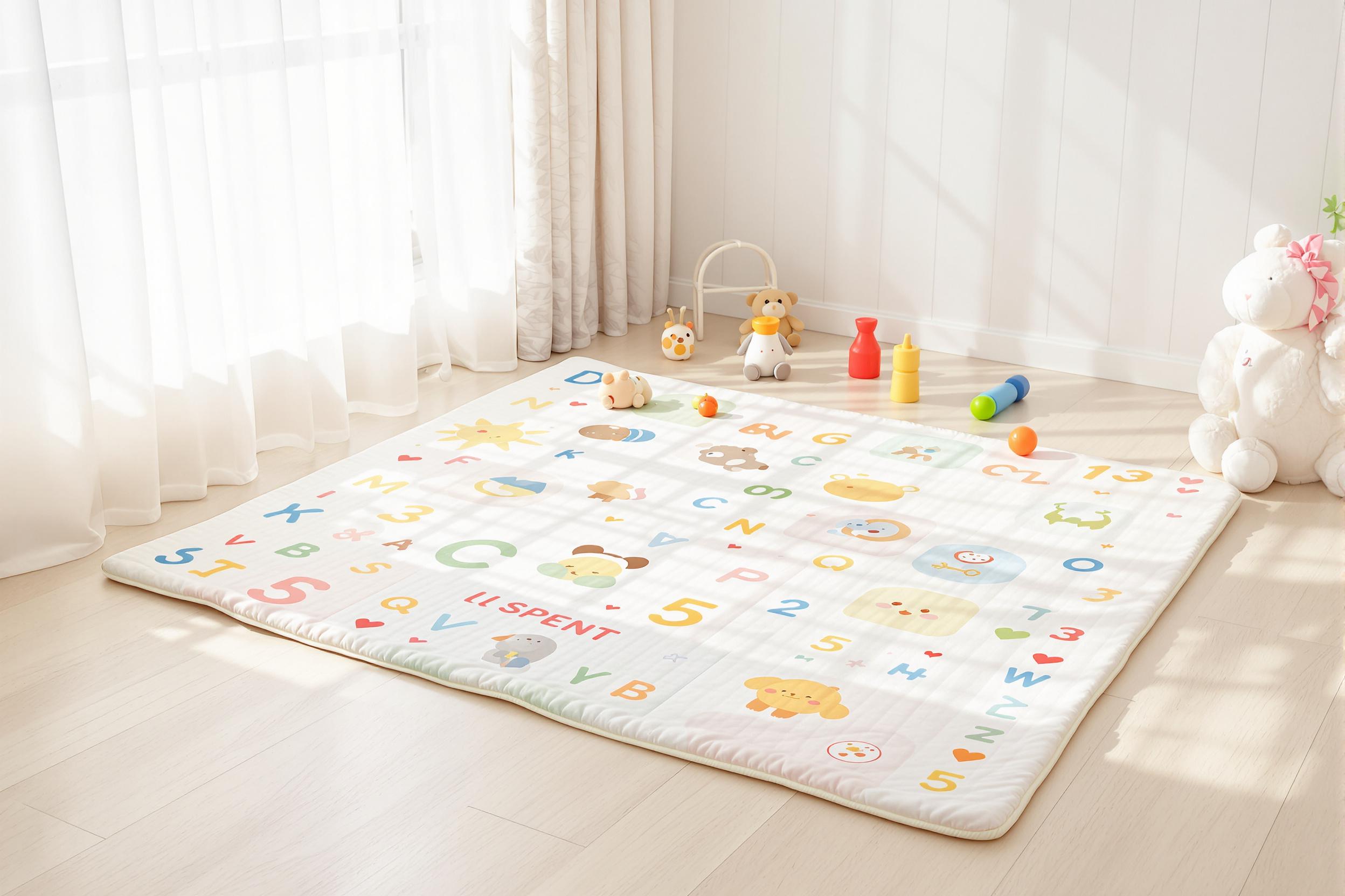Kleurrijk baby speelkleed op houten vloer