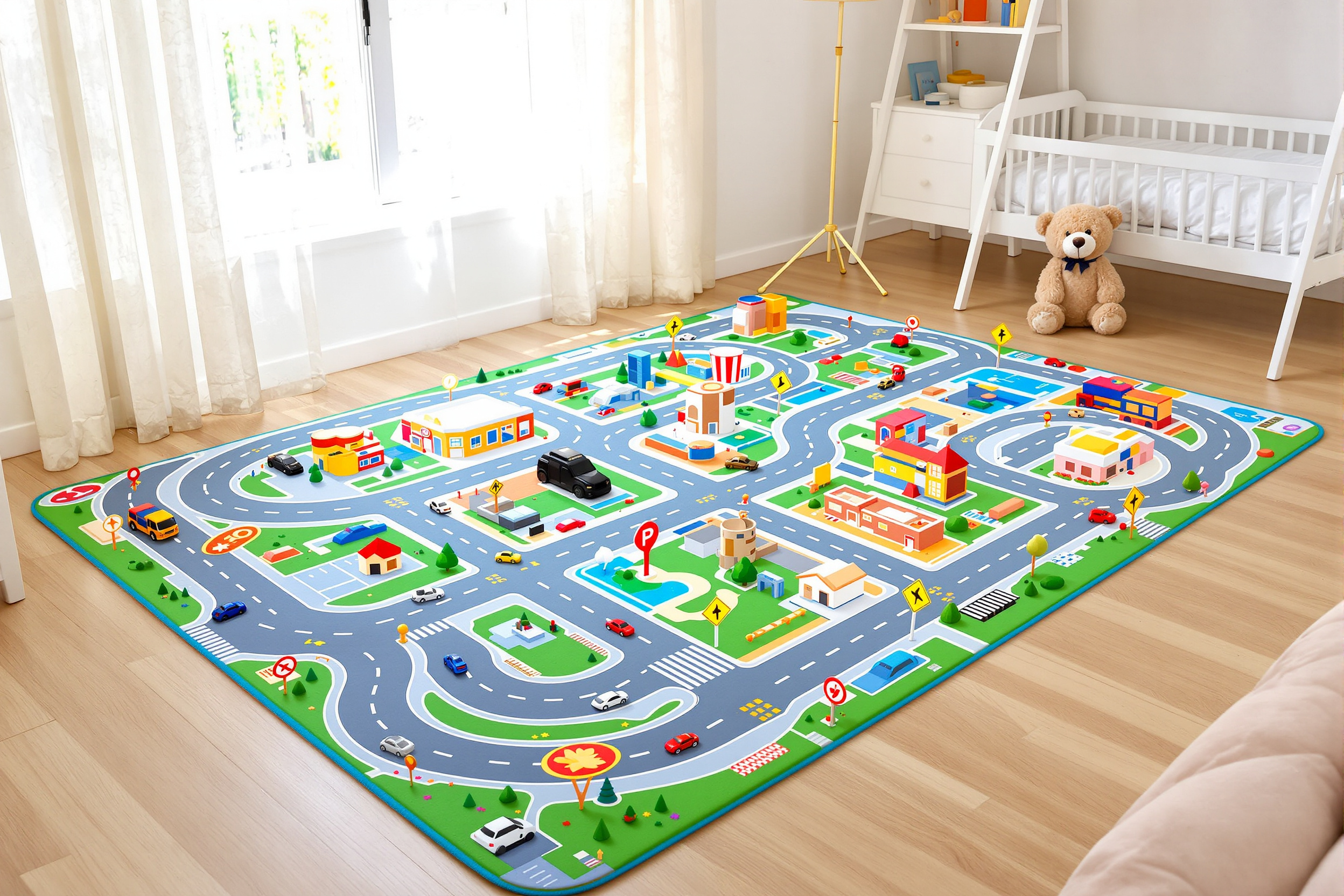 Kleurrijk autospeelkleed op houten vloer in kinderkamer