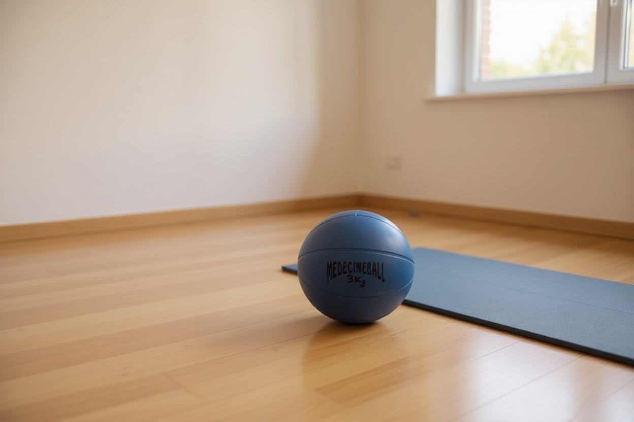 Medicine ball op houten vloer naast yogamat in lichte trainingsruimte