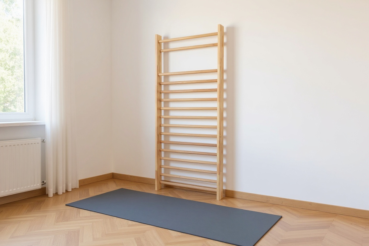 Houten wandsporten in een lichte thuisgym met yogamat