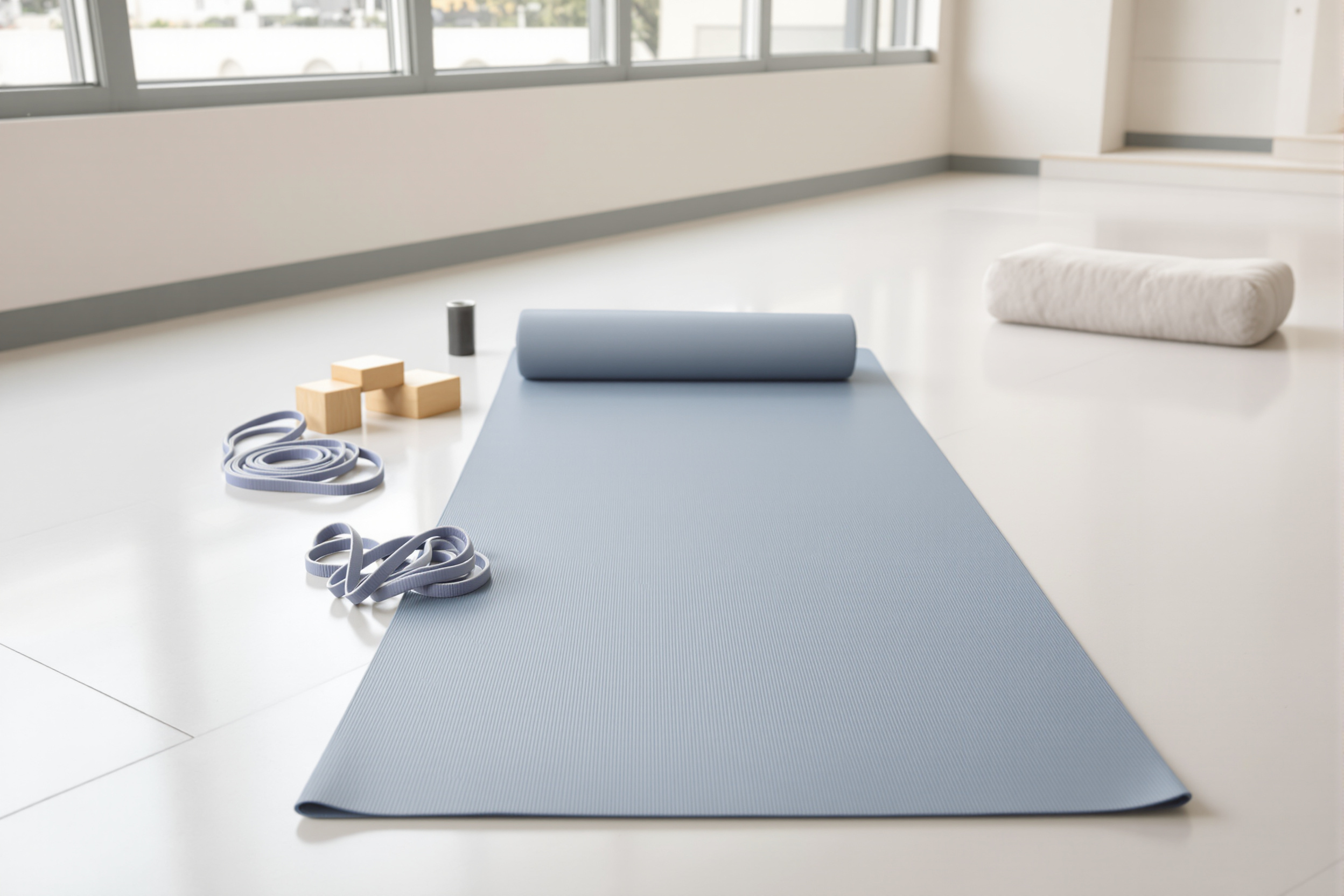 Yoga setup met yogamat, riem en andere props