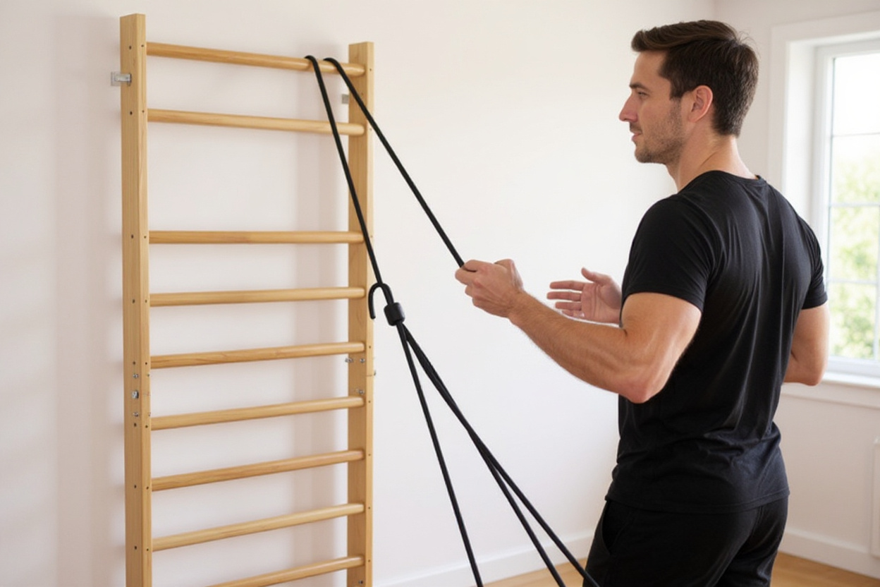 Houten wandrek aan de gymmuur met een weerstandsband om een sporter staande rows te laten doen.