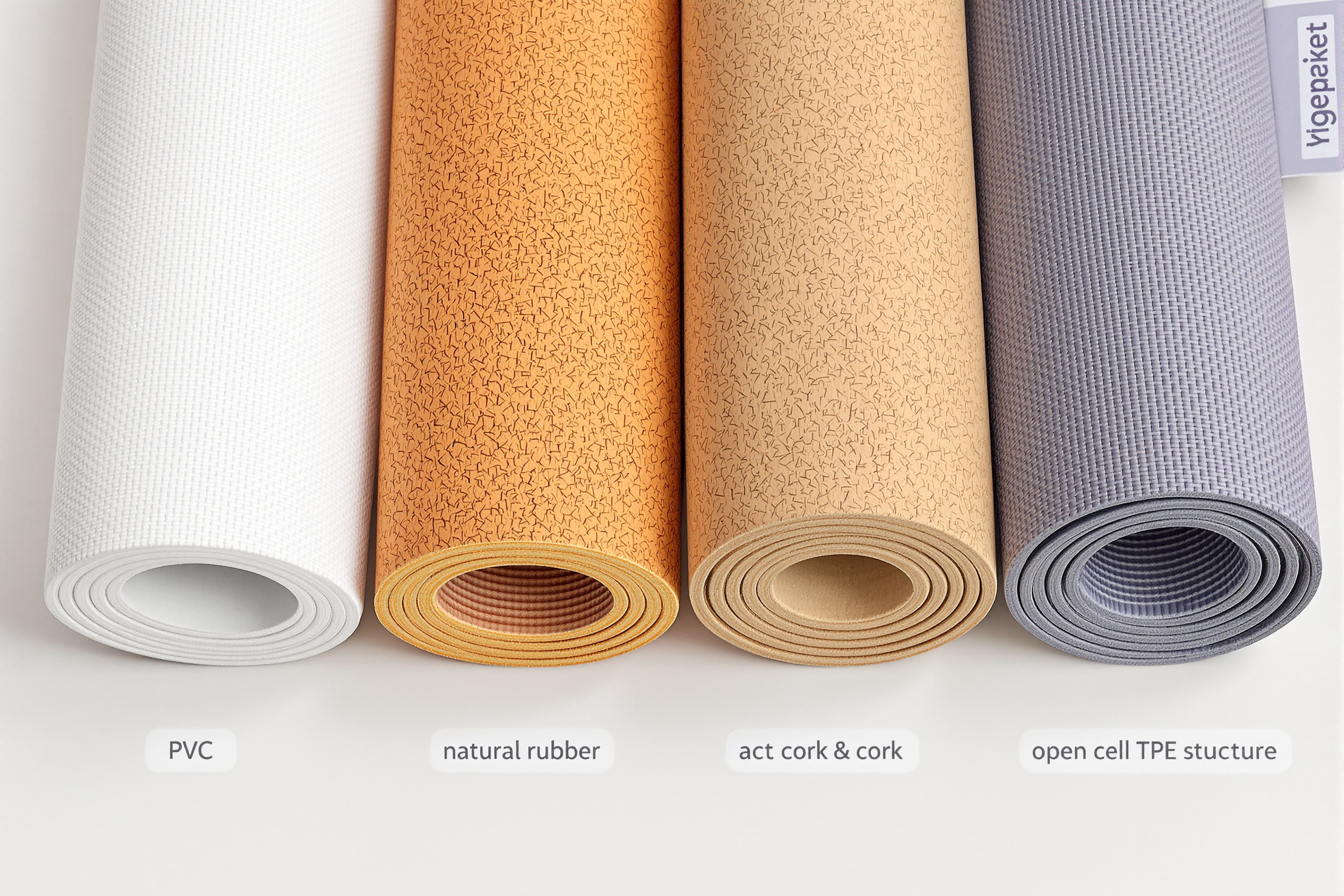 Verschillende yogamat materialen naast elkaar met zichtbare texturen