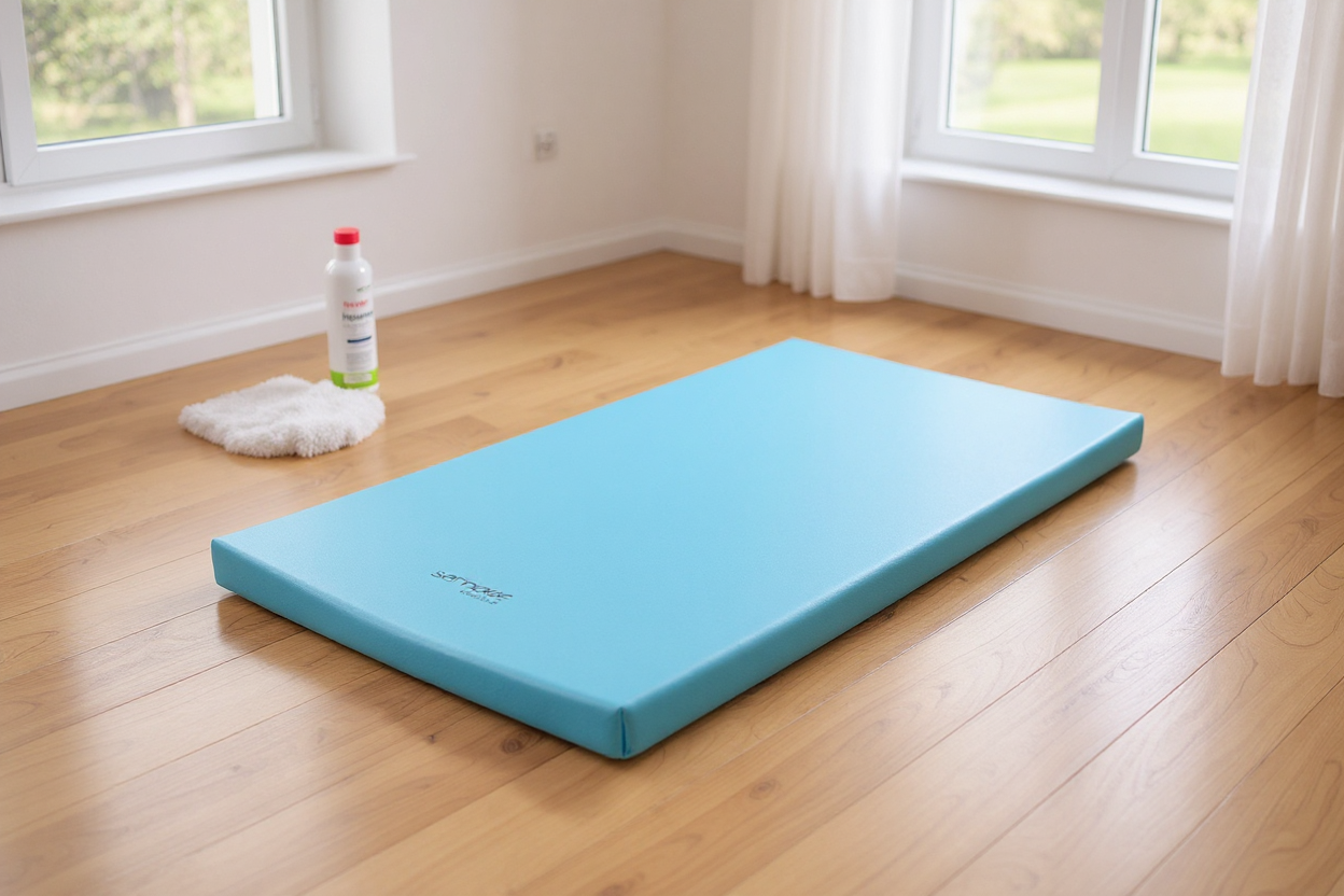 Blauwe yogamat op houten vloer met schoonmaakspray en doek