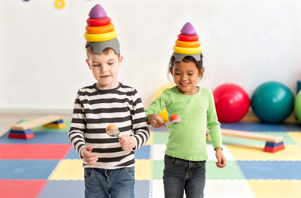 Stapelspeelgoed op het hoofd van een kind tijdens psychomotorische therapie sessie.