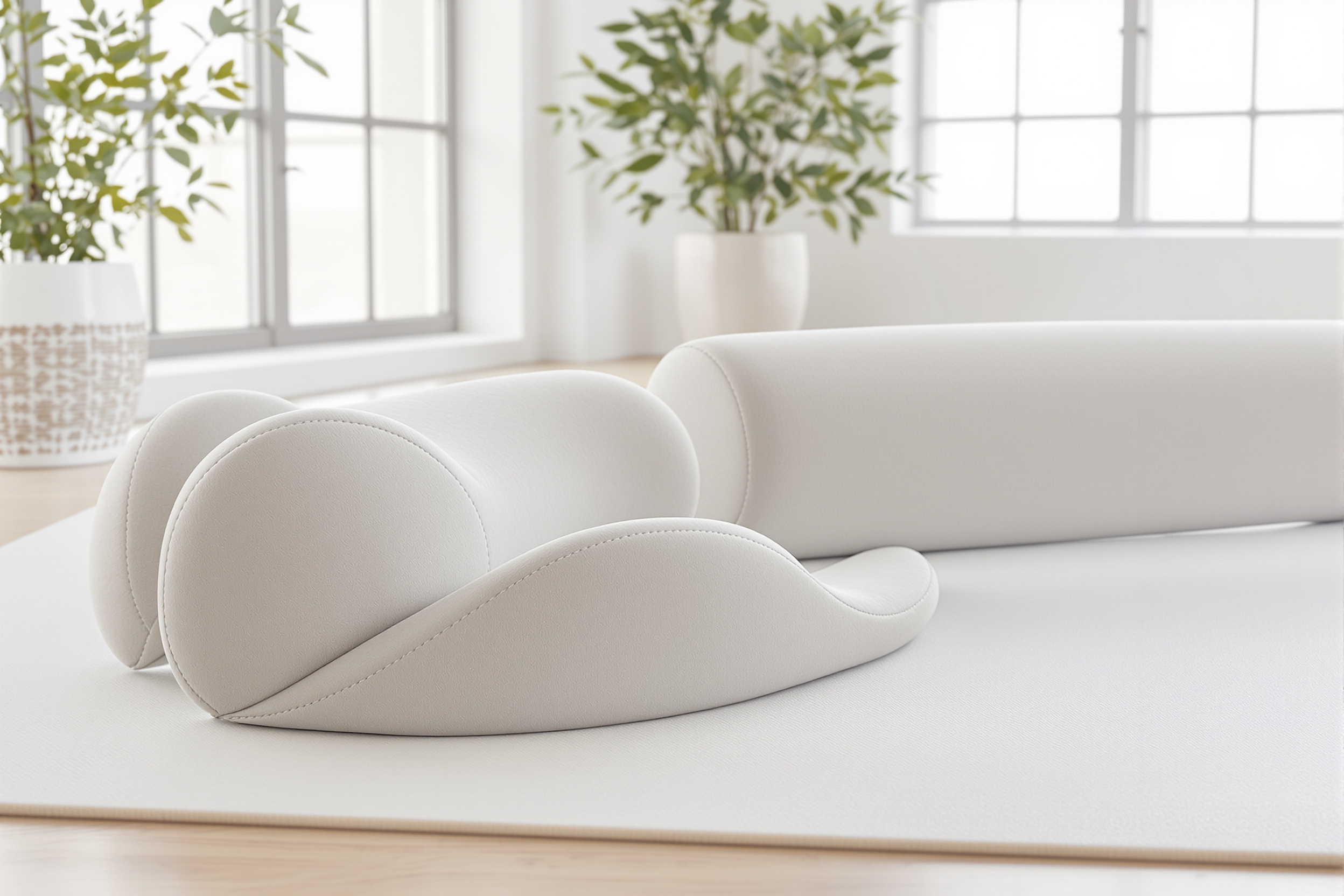 Halve maan meditatiekussen en yoga bolster naast elkaar
