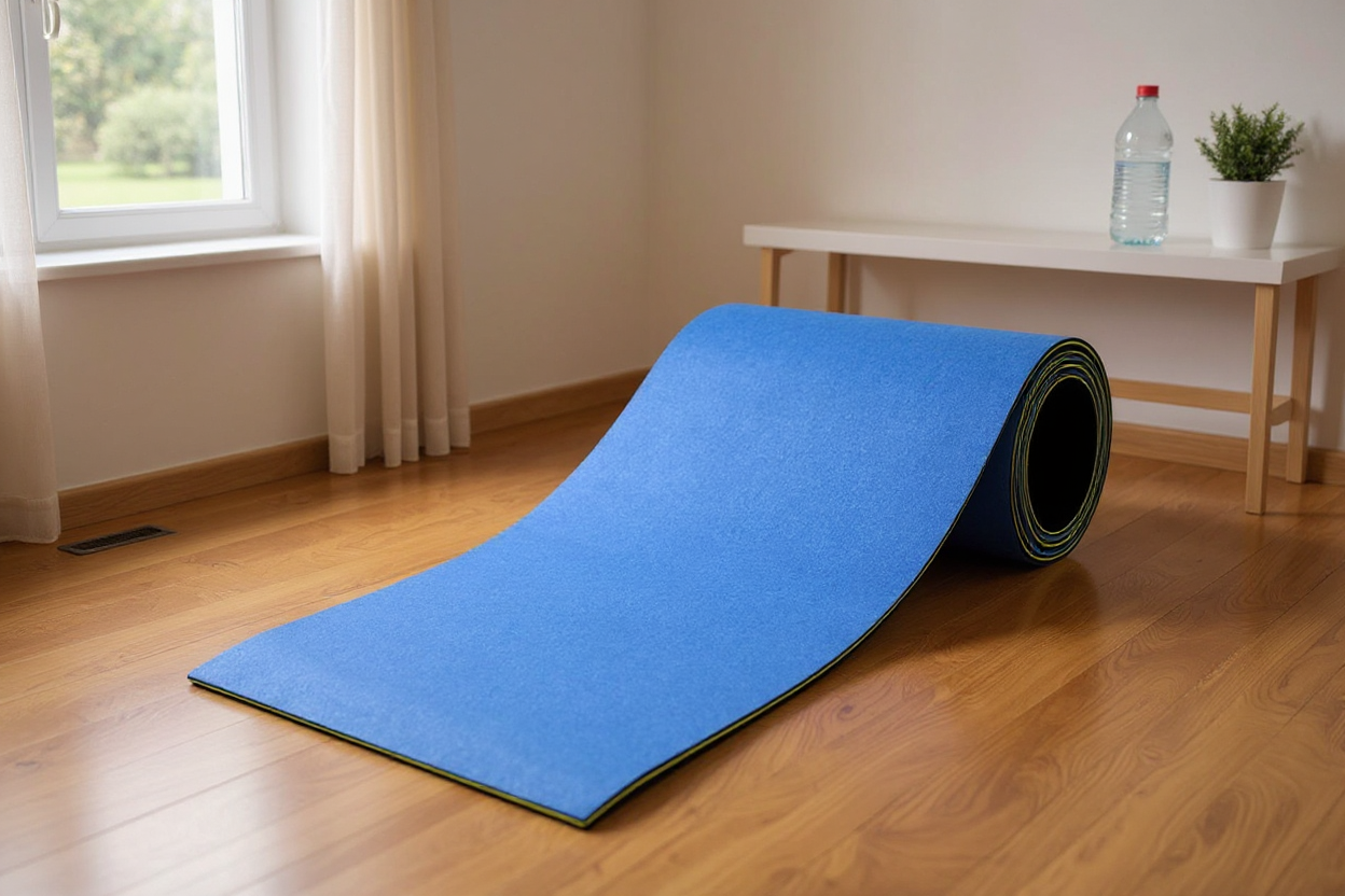 Dikke blauwe fitnessmat uitgerold in lichte woonkamer hoek voor thuistraining