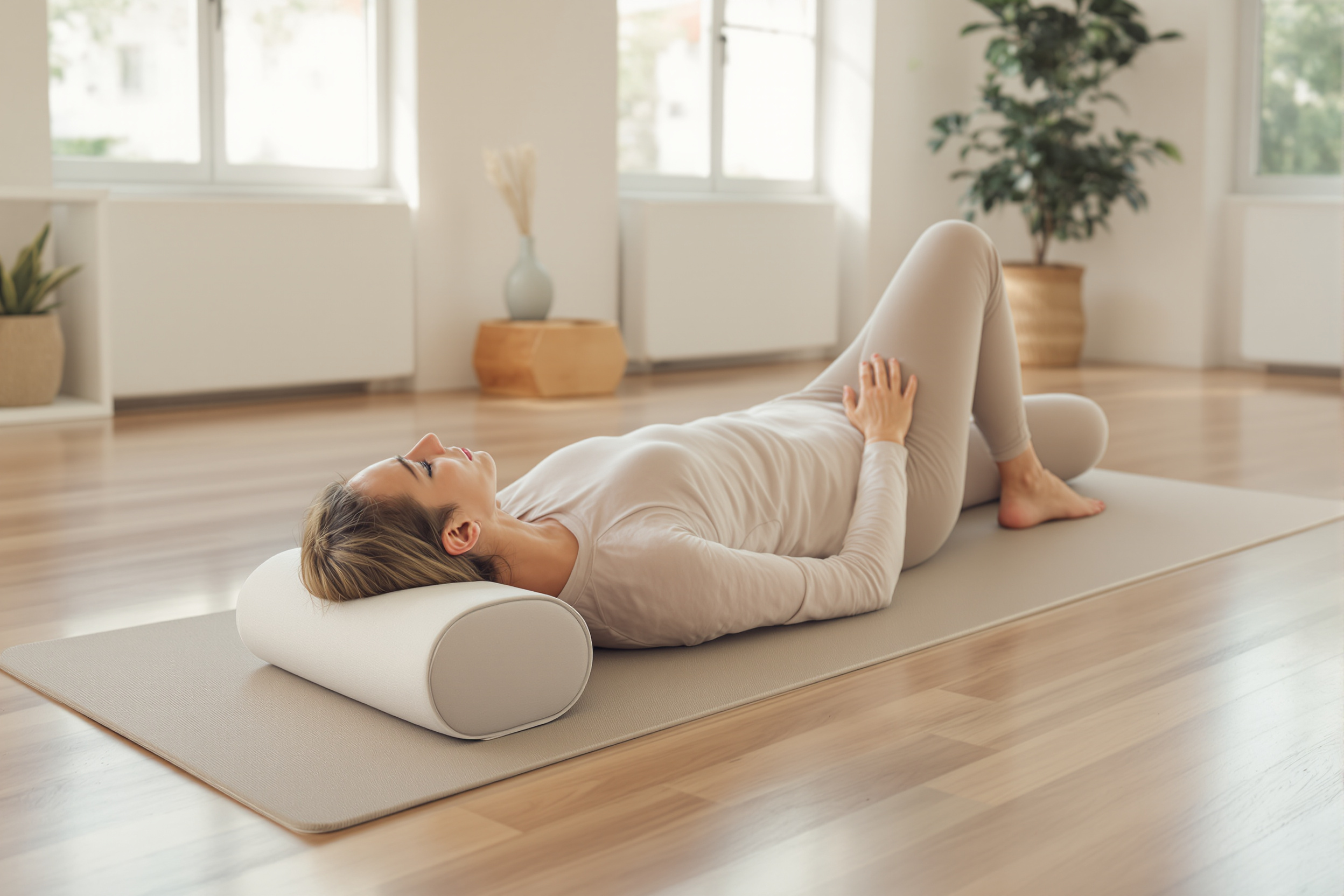 Yogabeoefenaar in ondersteunde hartopener met bolster