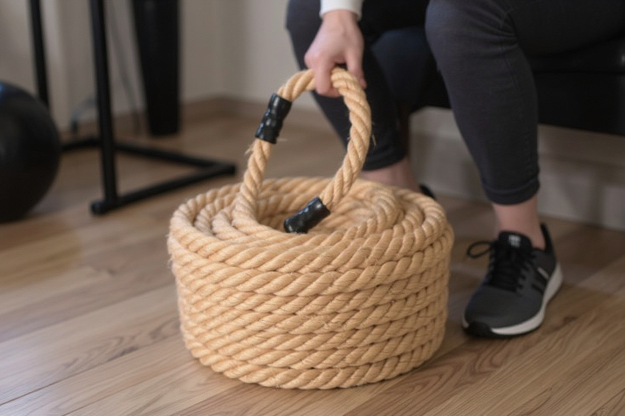 In een eenvoudige homegym staat iemand op het midden van één zwaar springtouw van dikke natuurvezel om de lengte tot okselhoogte te controleren.