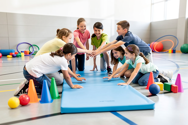 Kinderen werken samen op een blauwe oefenmat in de gymzaal